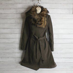 JLO Women's Long Brown Winter Coat Size S Belted Faux Fur Collar